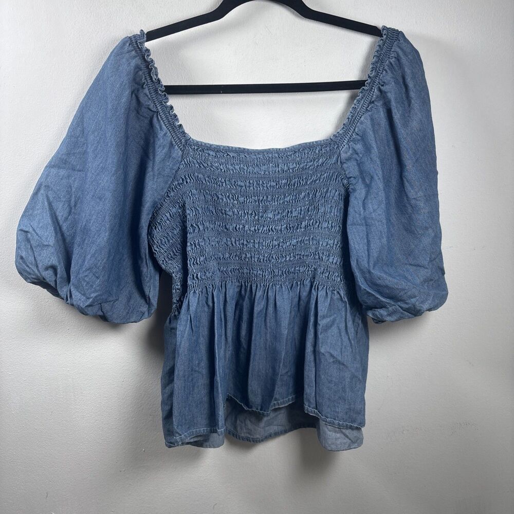 ANA New Approach Chambray Smocked Peplum Blouse LT Puff Sleeve Cottagecore - Picture 5 of 11